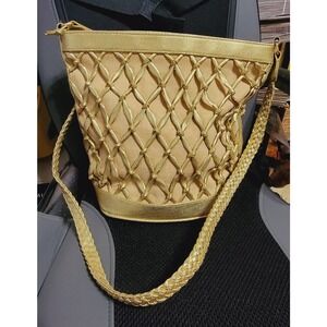 Vintage Tianni Shiny Metallic Gold Bucket Purse Handbag Long Strap, Woven